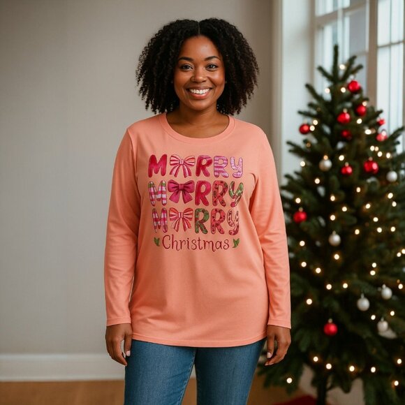 Merry Christmas Sweatshirt XL Coral Pink Coquette Soft Girl Whimsical Holiday - Picture 4 of 8